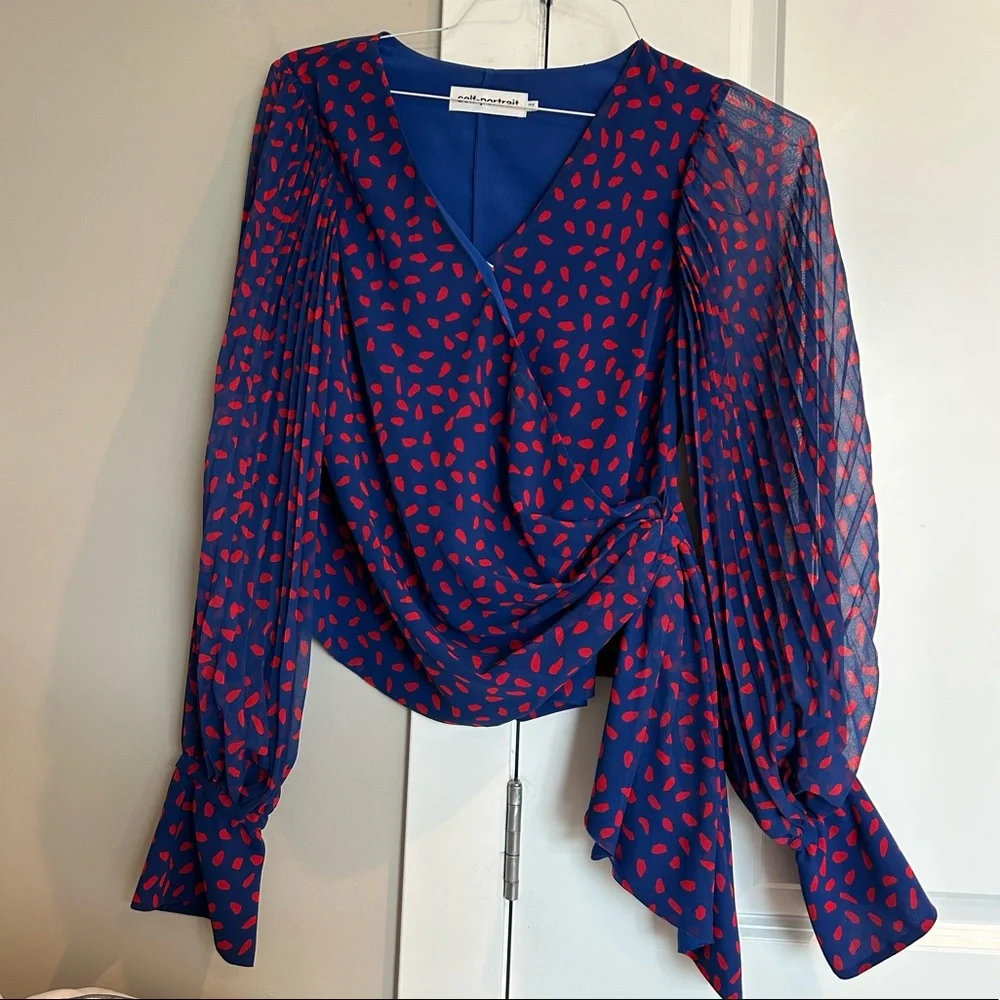 Self portrait crepe printed wrap blouse pleated detail size US 4 blue/red - Picture 5 of 11